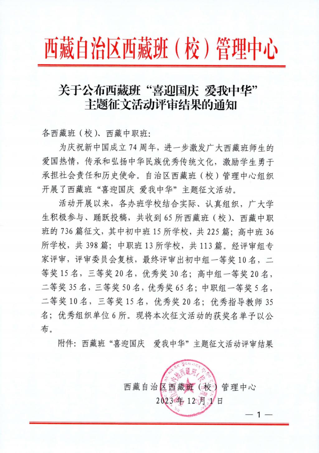 关于公布西藏班“喜迎国庆 爱我中华”主题征文活动评审结果的通知_1_00